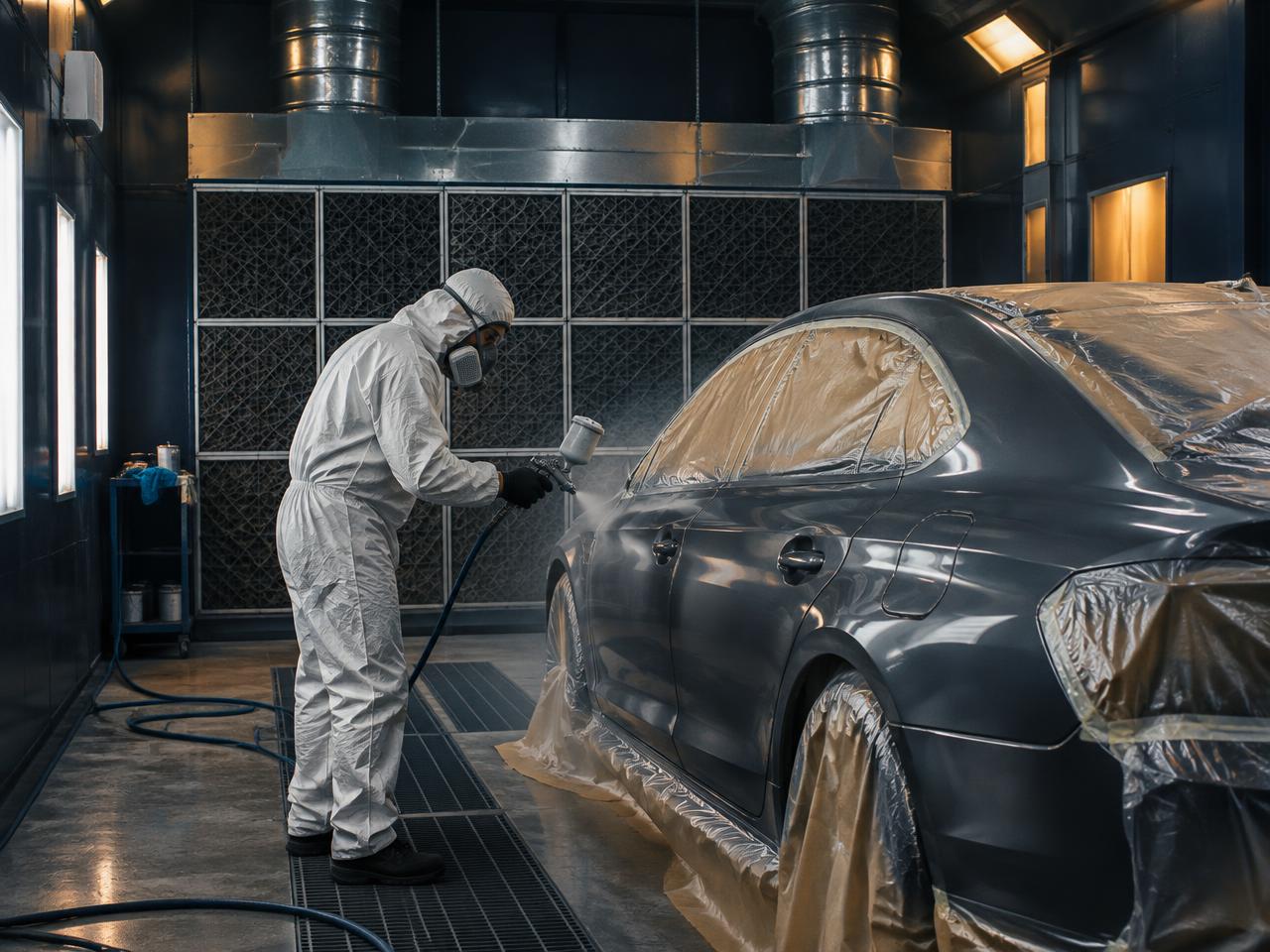 Cabine de pintura com dutos e sistema de exaustão