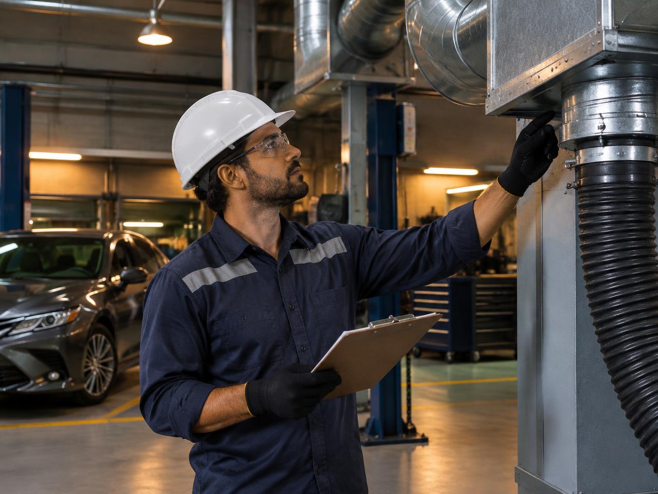 Profissional inspecionando dutos de exaustão em oficina